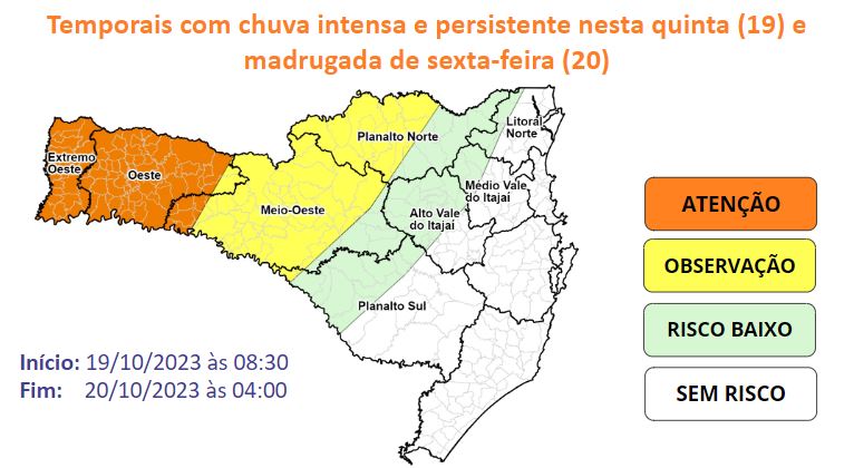 Novo Relatório da Defesa Civil aponta temporais com chuva intensa nesta quinta e sexta-feira