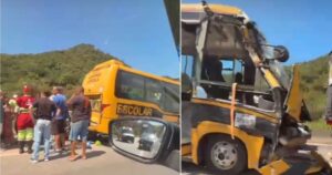 VÍDEO: Engavetamento envolvendo caminhão escolar bloqueia faixa da BR-101 em Paulo Lopes