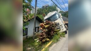 Caminhão sai da pista, colide contra poste e invade terreno em Joinville