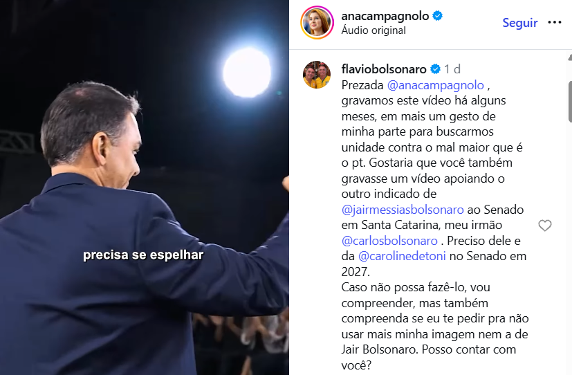 Flávio Bolsonaro faz cobrança pública à Ana Campagnolo em defesa do irmão Carlos